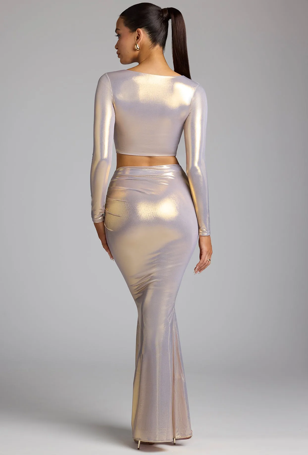 Modern Tones Fitted Cut Mid Rise Metallic Jersey Gown Skirt in Light Gold