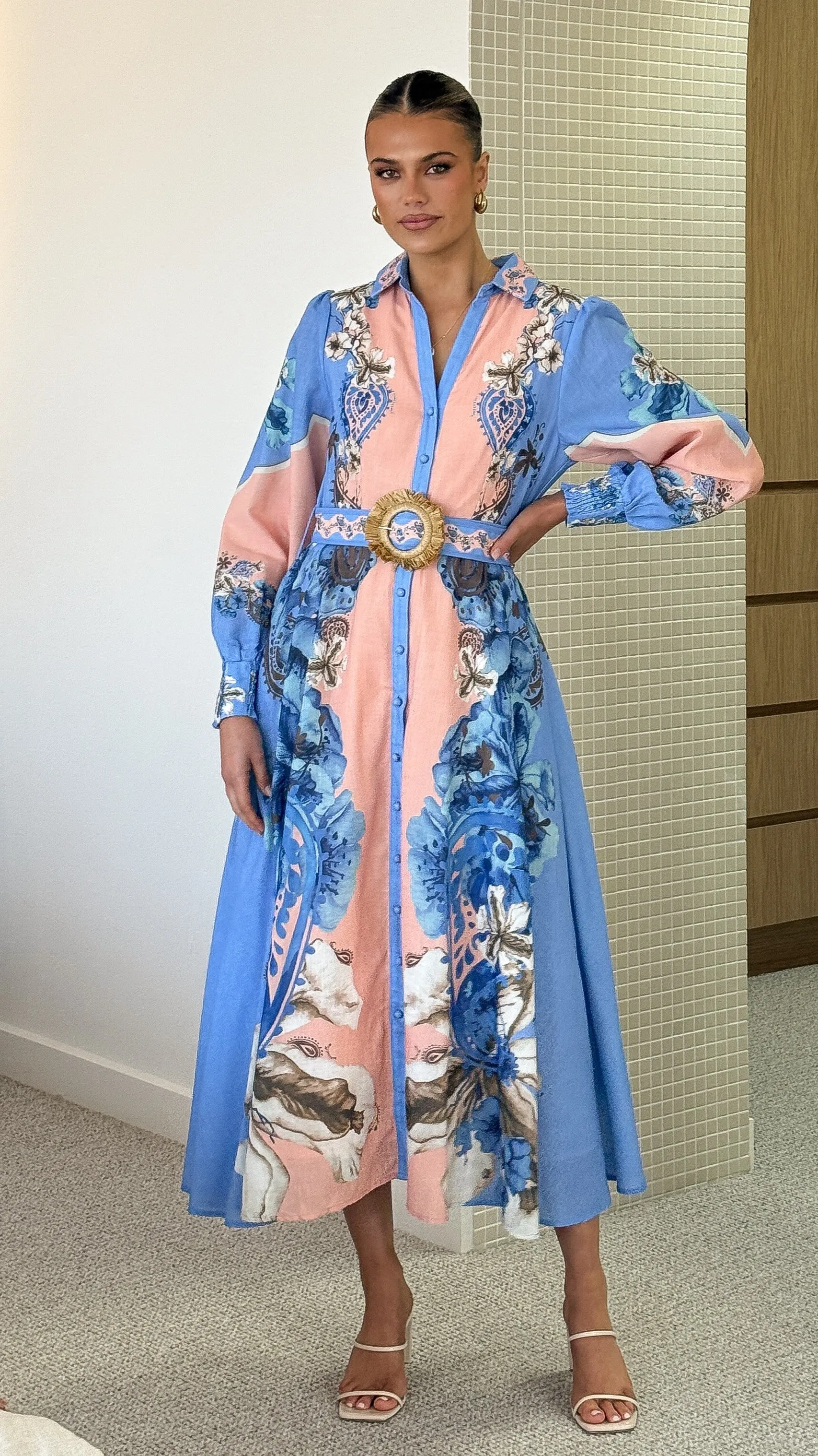 Naliah Long Sleeve Maxi Dress - Willow Blue Turquoise Shine Calm River