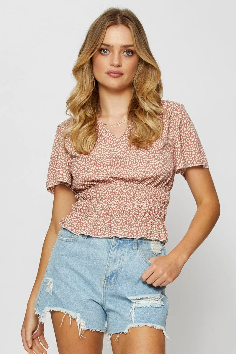 Geo Print Crop T Shirt Short Sleeve Professional Wear Date Vibe
