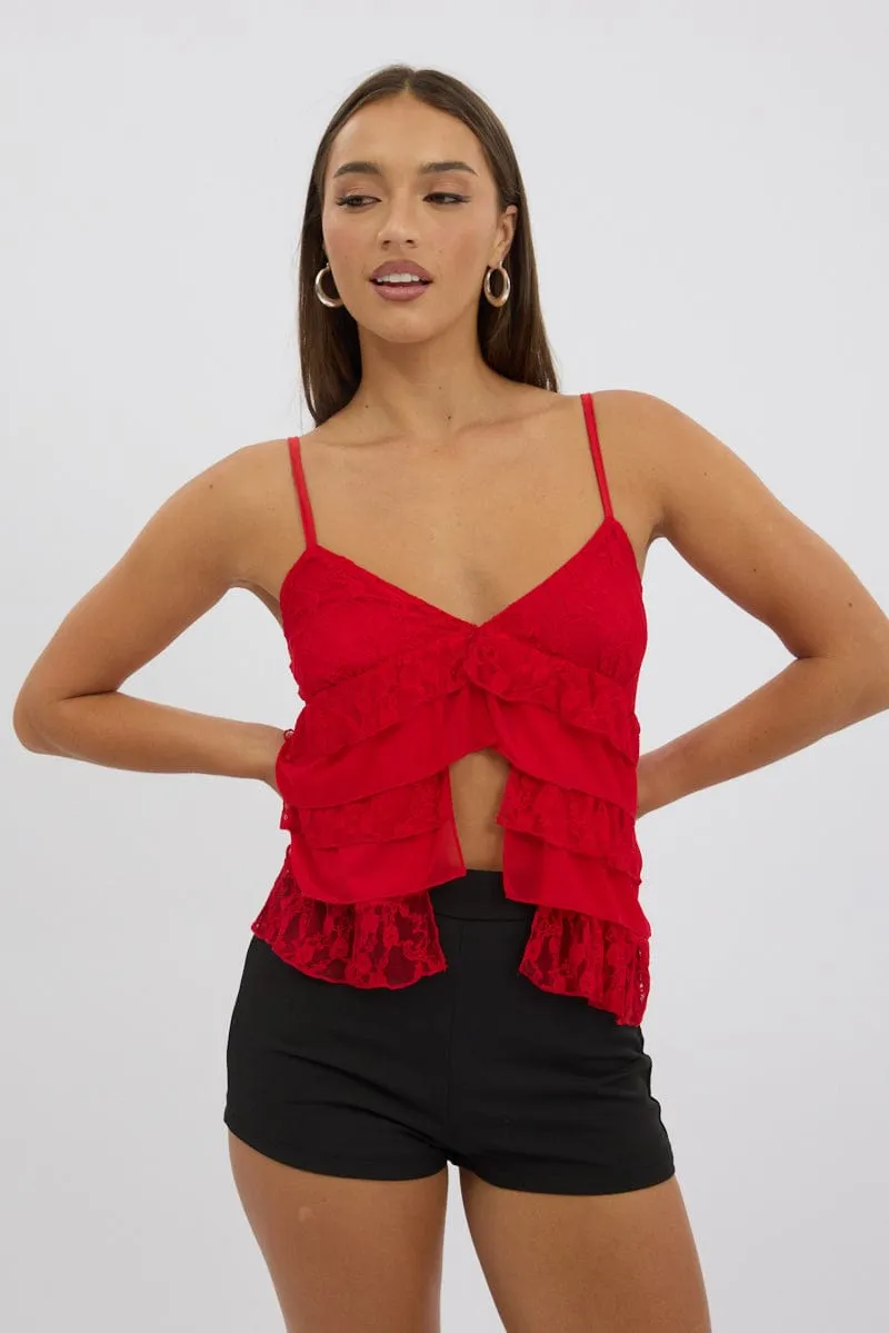 Red Singlet Top Lace Work Wear LightweightWeave