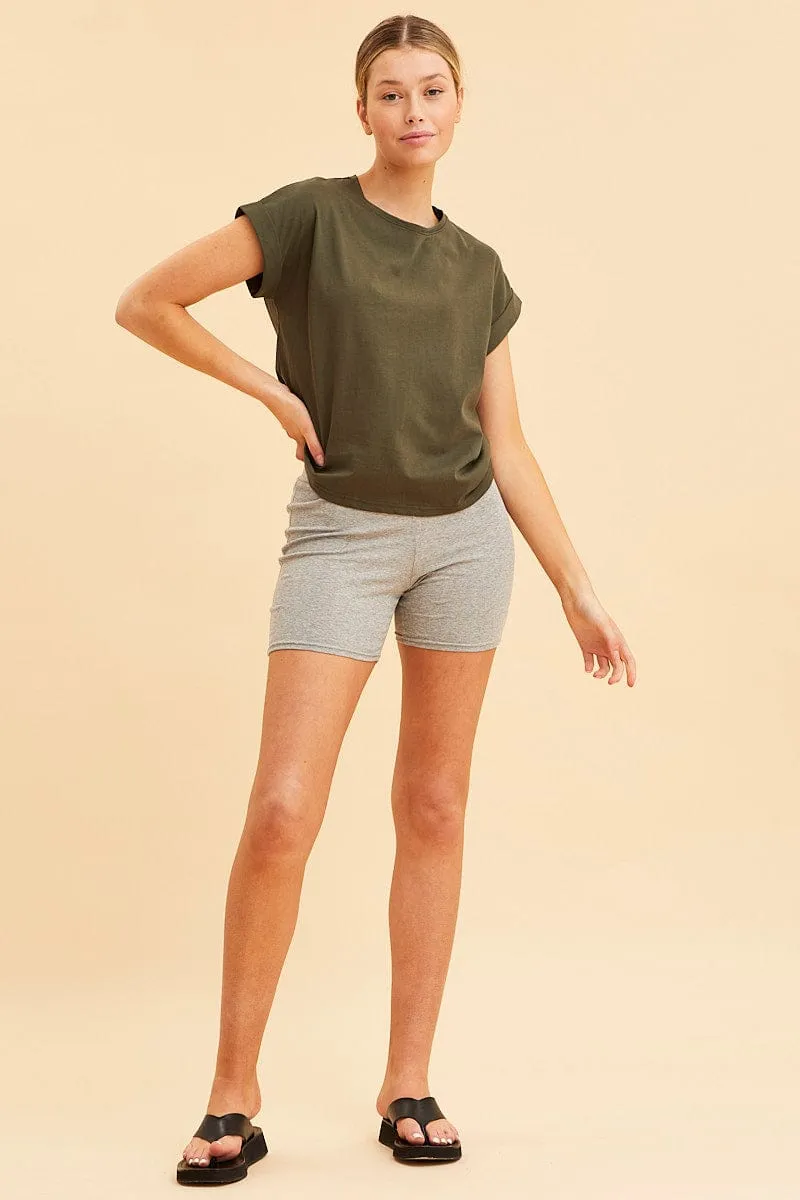Green Cropped T-Shirt Crew Neck Roll Sleeve Cotton Fashion Accessory Bead Soul