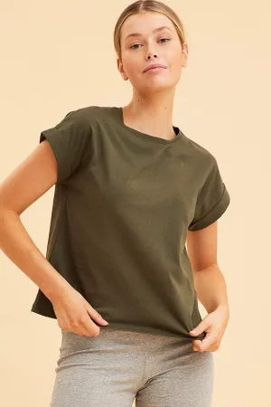 QuickDryingTech Green Cropped T-Shirt Crew Neck Roll Sleeve Cotton