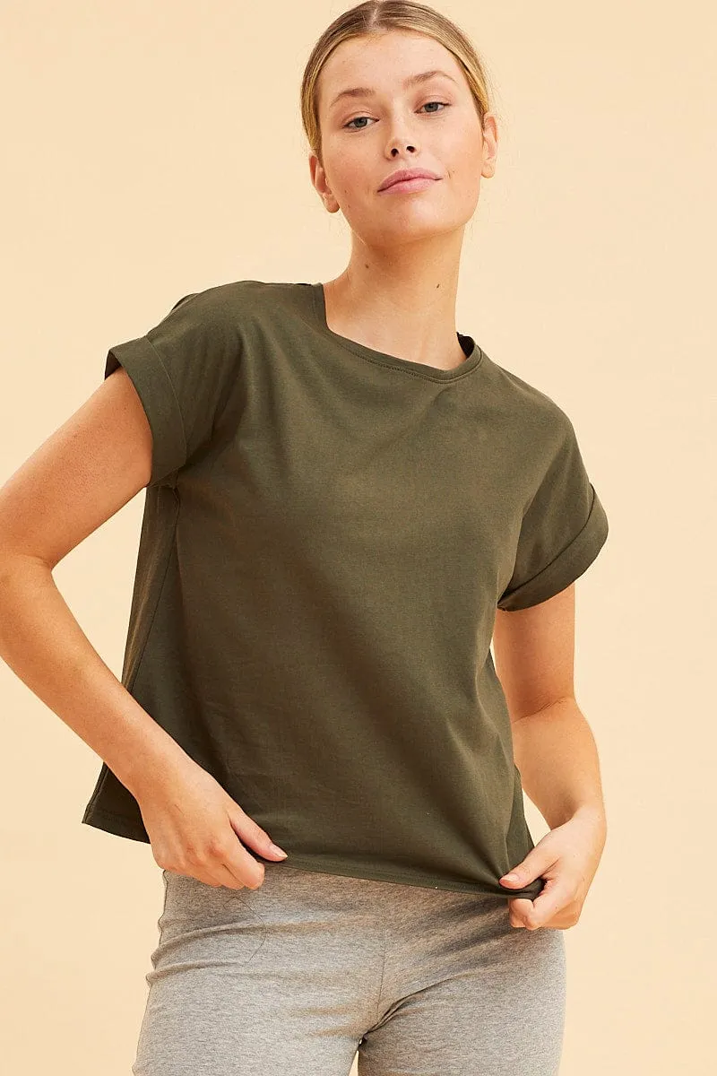 QuickDryingTech Green Cropped T-Shirt Crew Neck Roll Sleeve Cotton