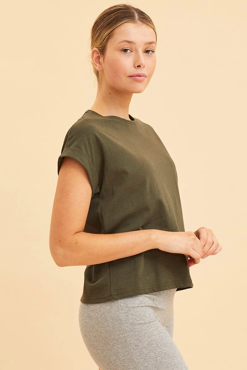 Green Cropped T-Shirt Crew Neck Roll Sleeve Cotton Dream Base