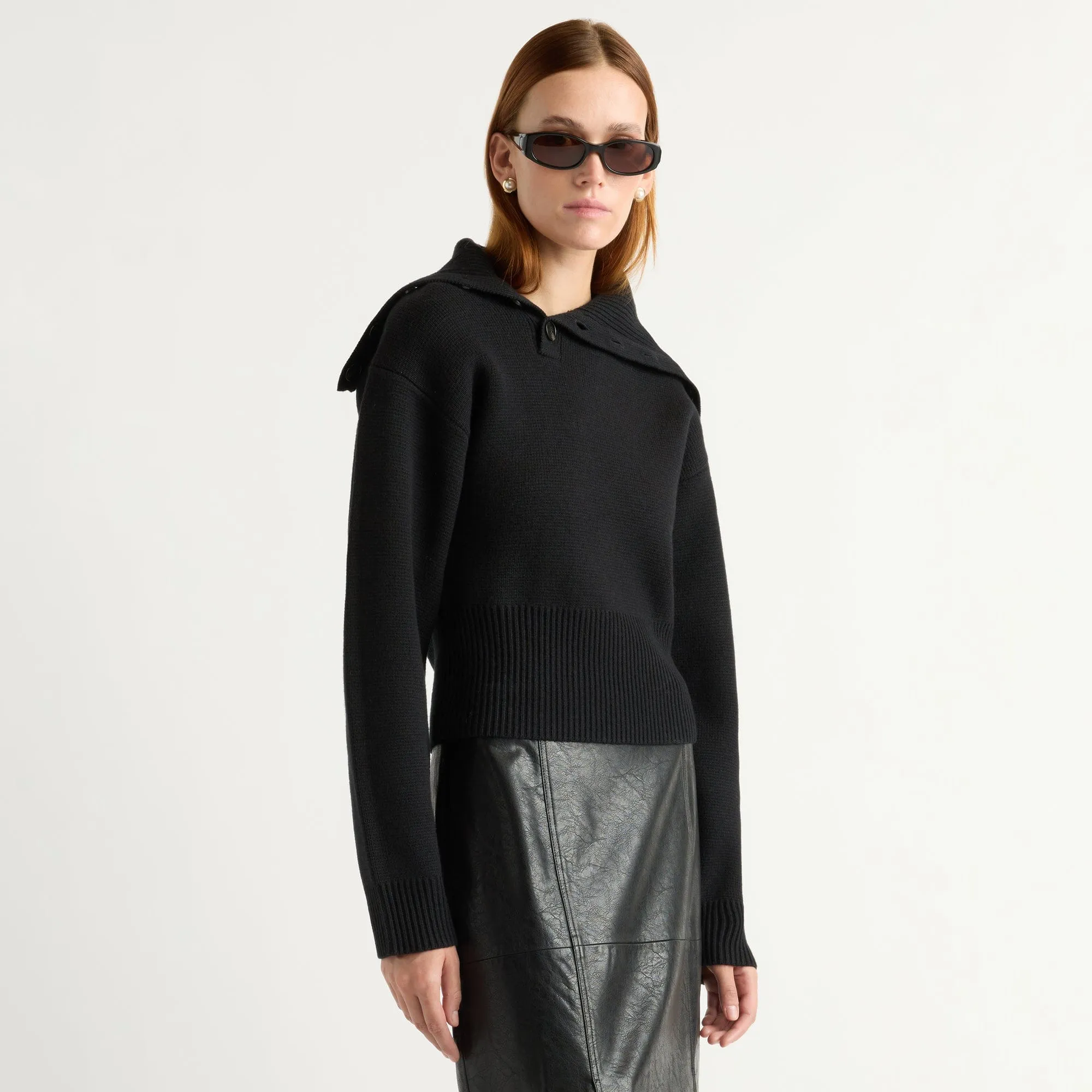 Elijah Foldover Button-Collar Sweater Breathable Material