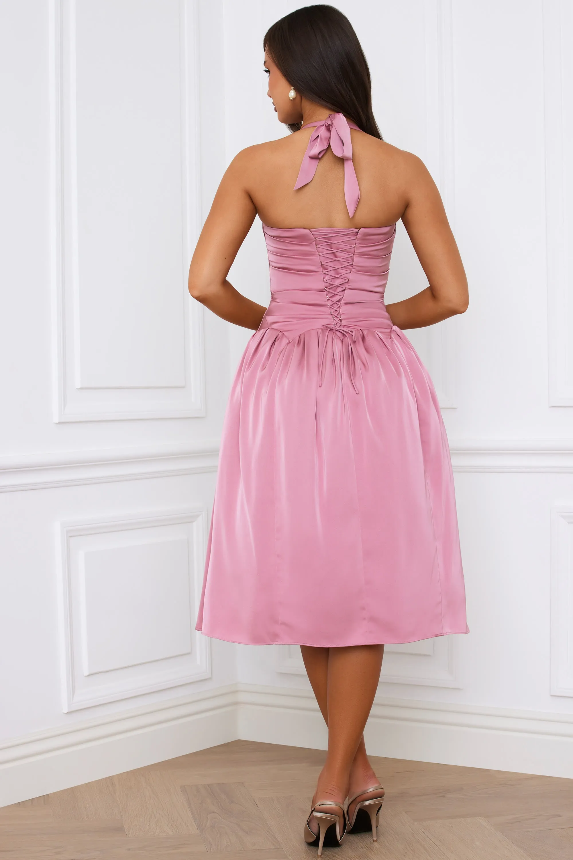 Halterneck Lace-Up Ruched Corset Midi Dress in Mauve Spring Tone