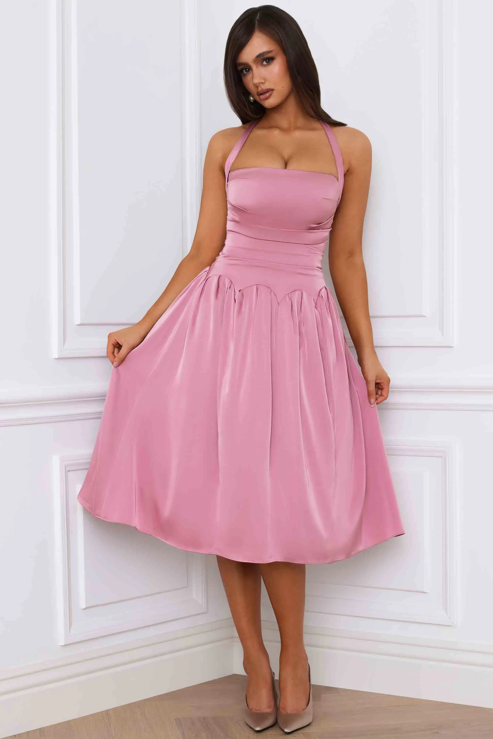Halterneck Lace-Up Ruched Corset Midi Dress in Mauve Bridge Walk Flattering Shape