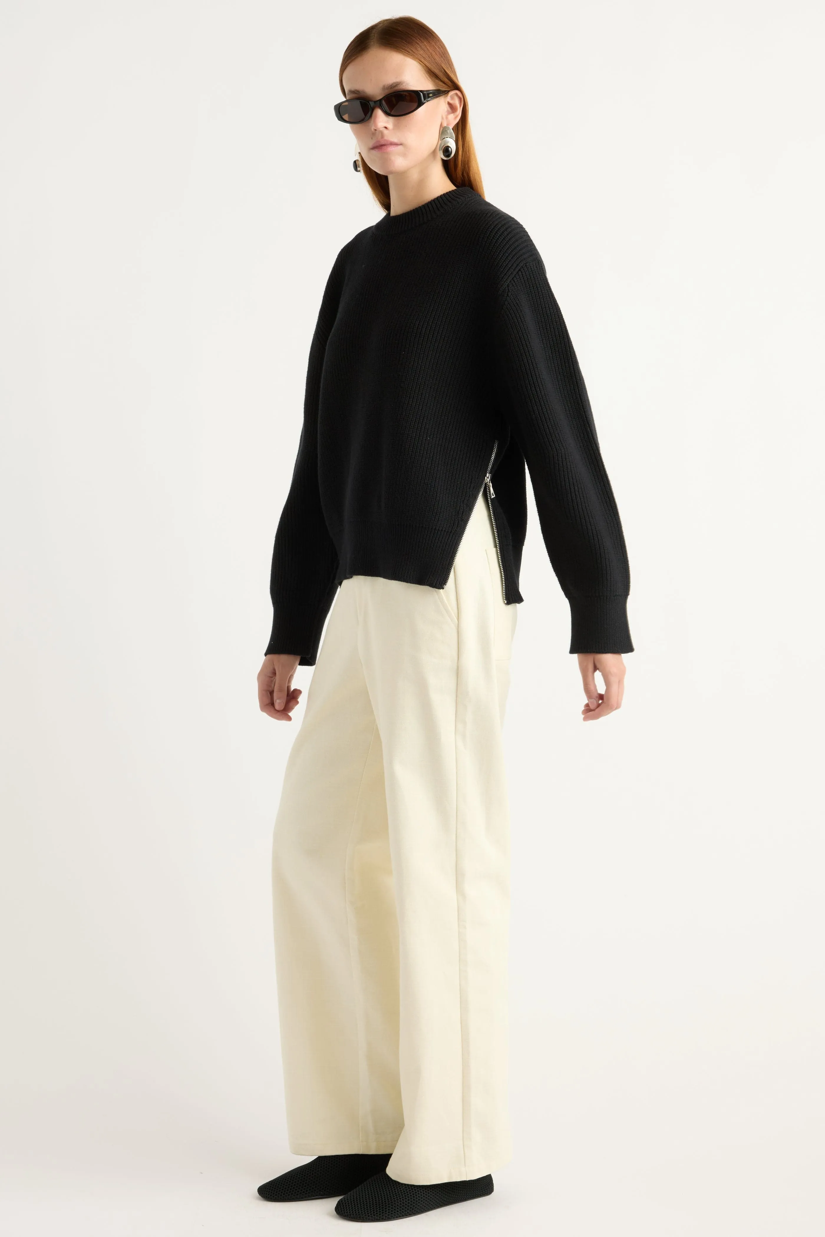 Tate Organic Cotton Side-Zip Sweater Versatile knitwear Yarn Dyed Fabric