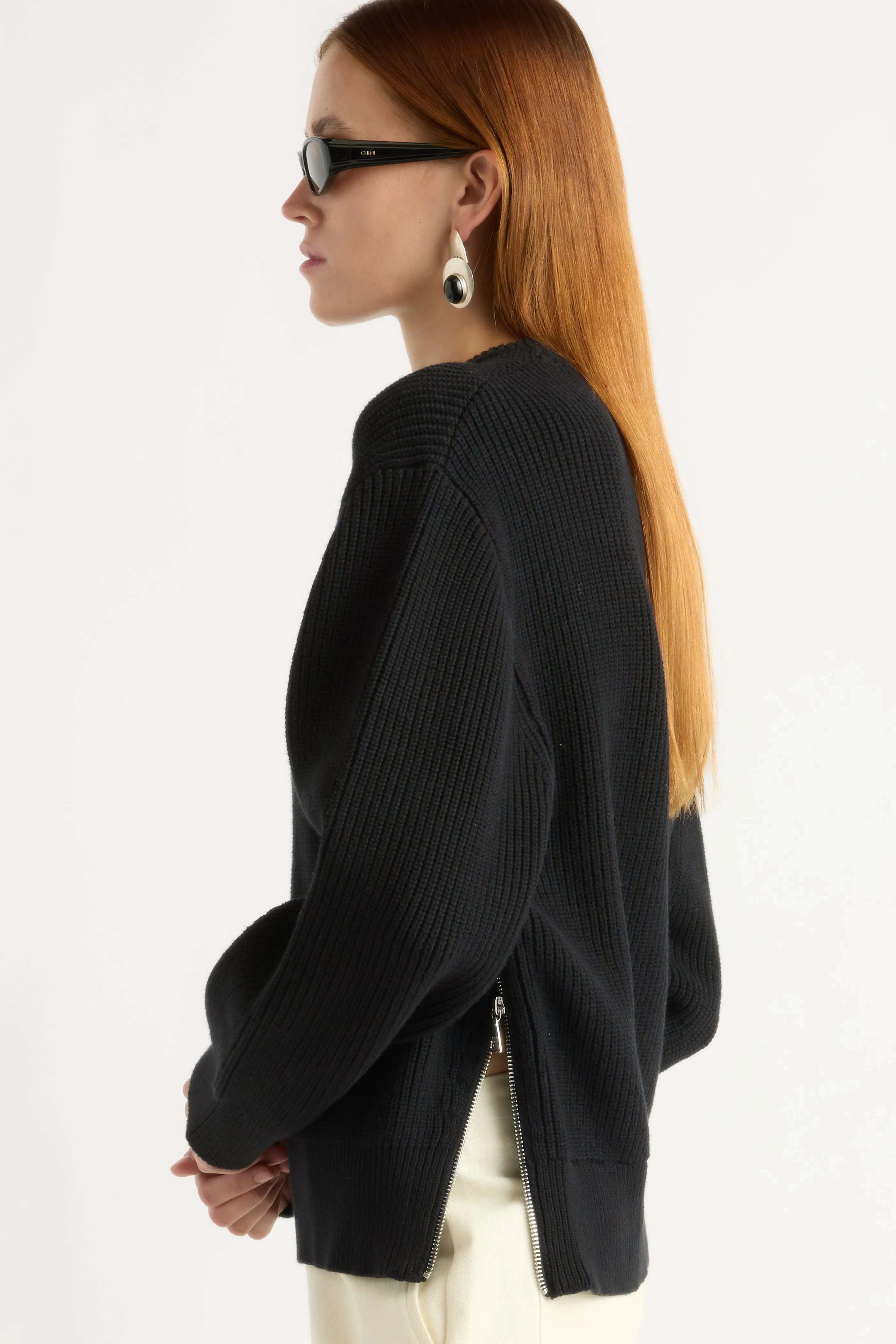 Tate Organic Cotton Side-Zip Sweater Relaxed Neckline Yarn Dyed Fabric