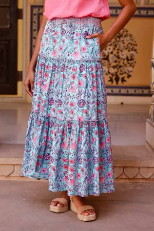 Becks Organic Cotton Block Print Skirt | Gardenia Blue/Red A line