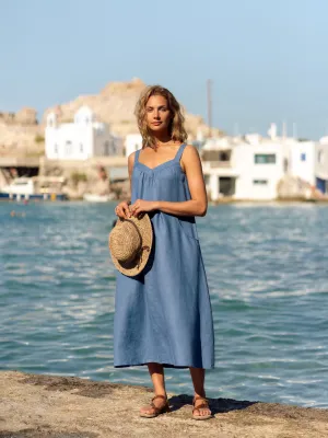 Angelina Linen Dress Aegean Blue Wood Deck Soft-touch day dress