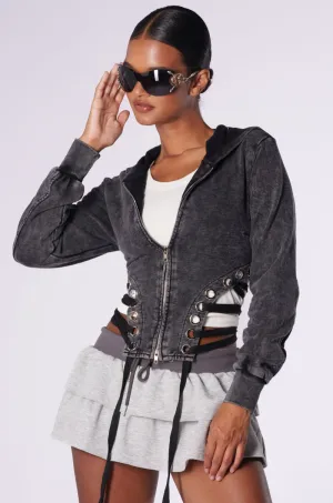 NOT MY FAULT MINERAL WASH LACE UP SWEATSHIRT Active Fit