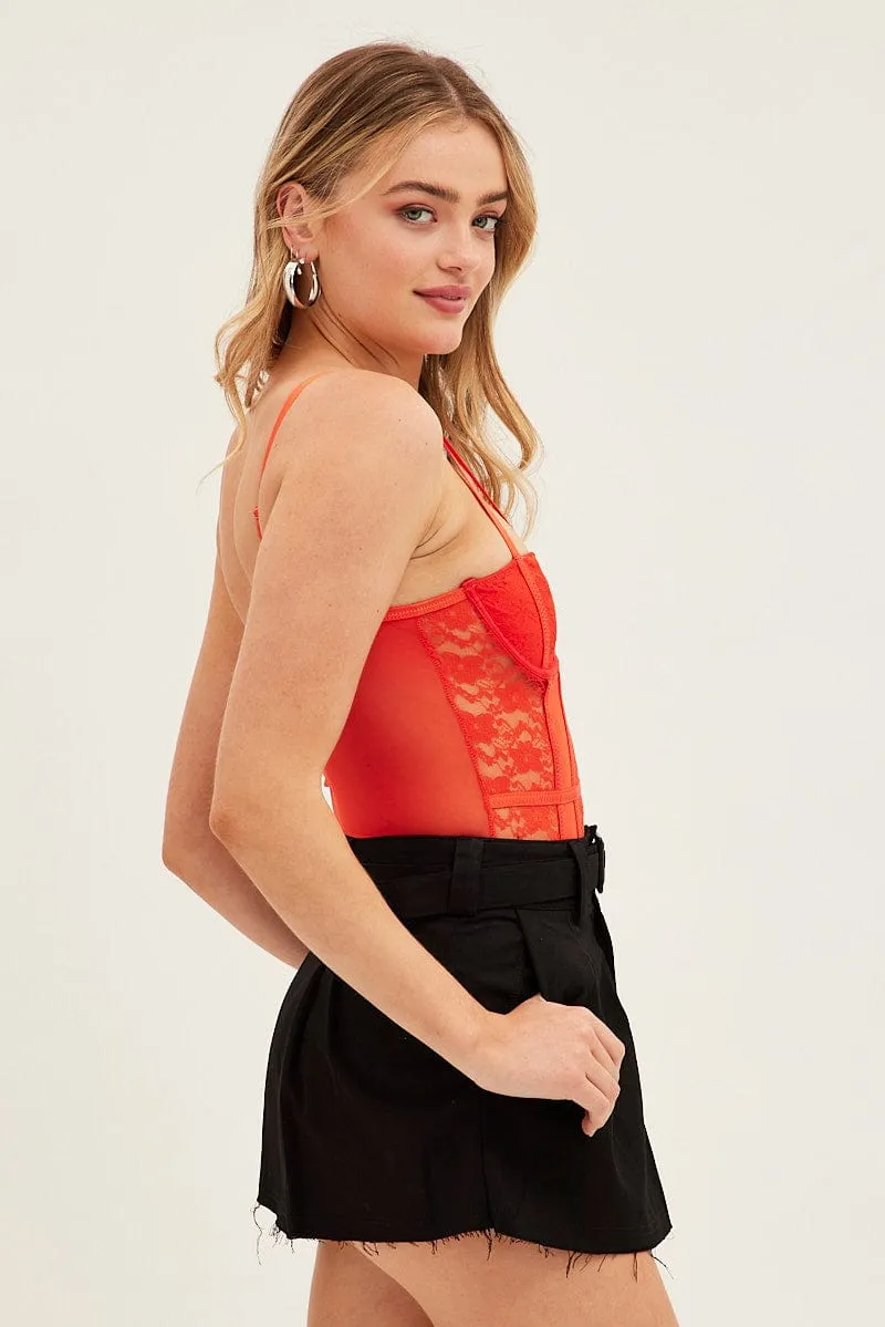 Orange Lace Bodysuit Singlet FlatlockSeaming Urban Chic