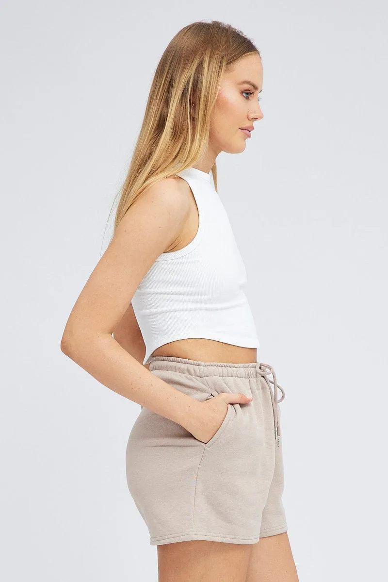 Quick Release Buckle Brown Track Shorts High Rise Elastic Waist