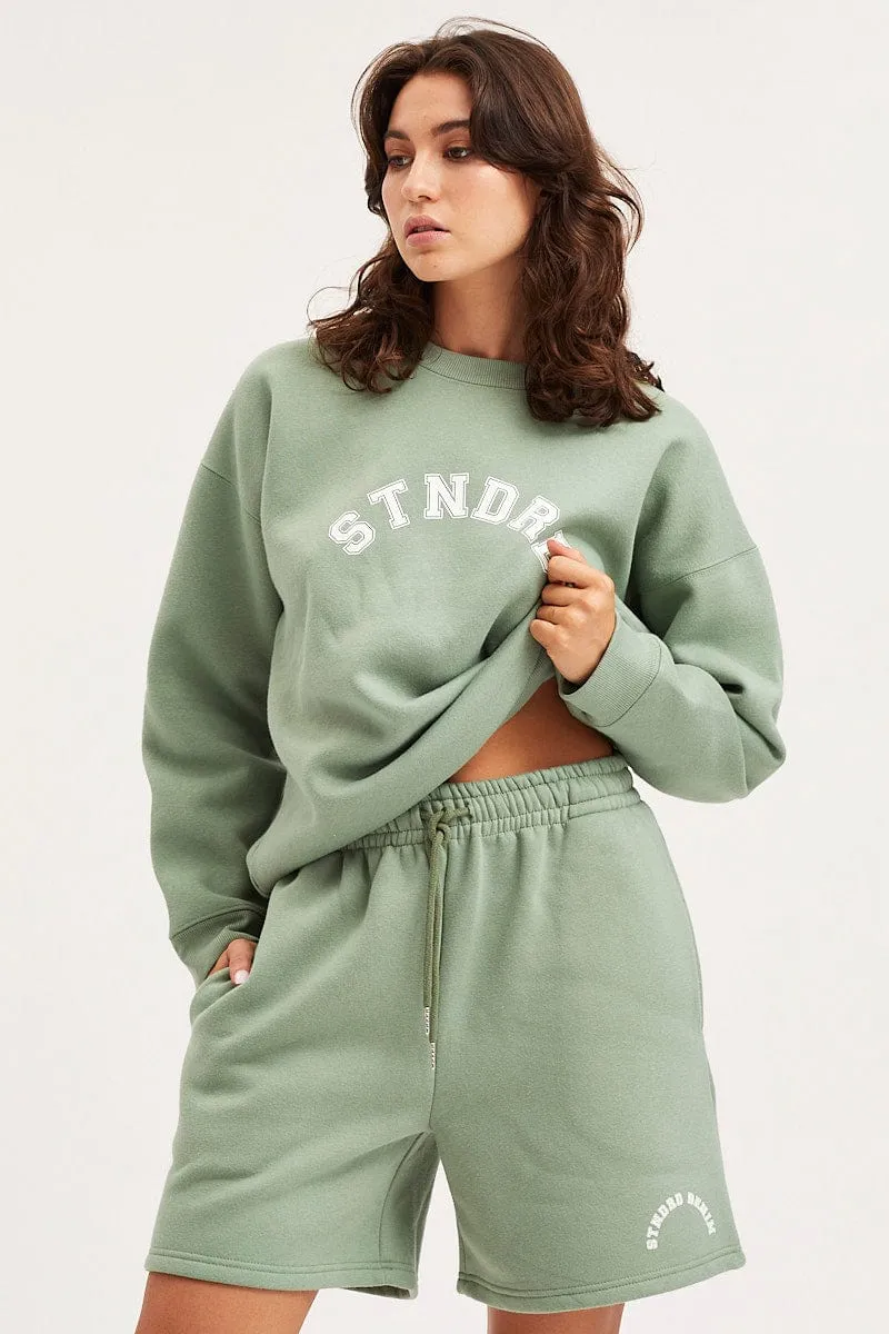 Stain-Resistant Port Pocket Design Green Track Shorts High Rise Unisex