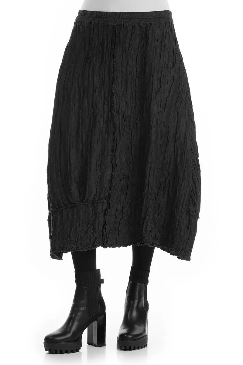 Crinkled Black Silk Linen Skirt Stretchable Waist Gentle Wear