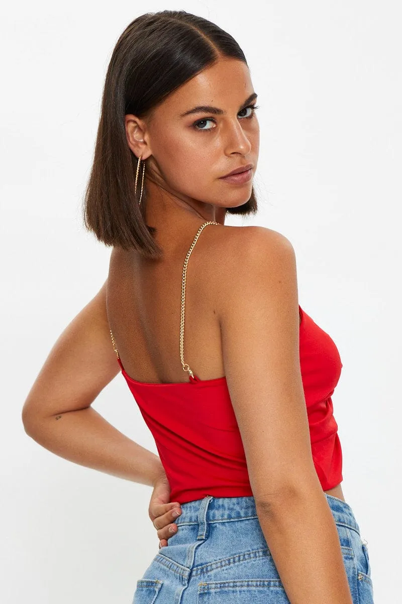 Smart Wear Red Chain Strap Slinky Jersey Knot Front Singlet Top