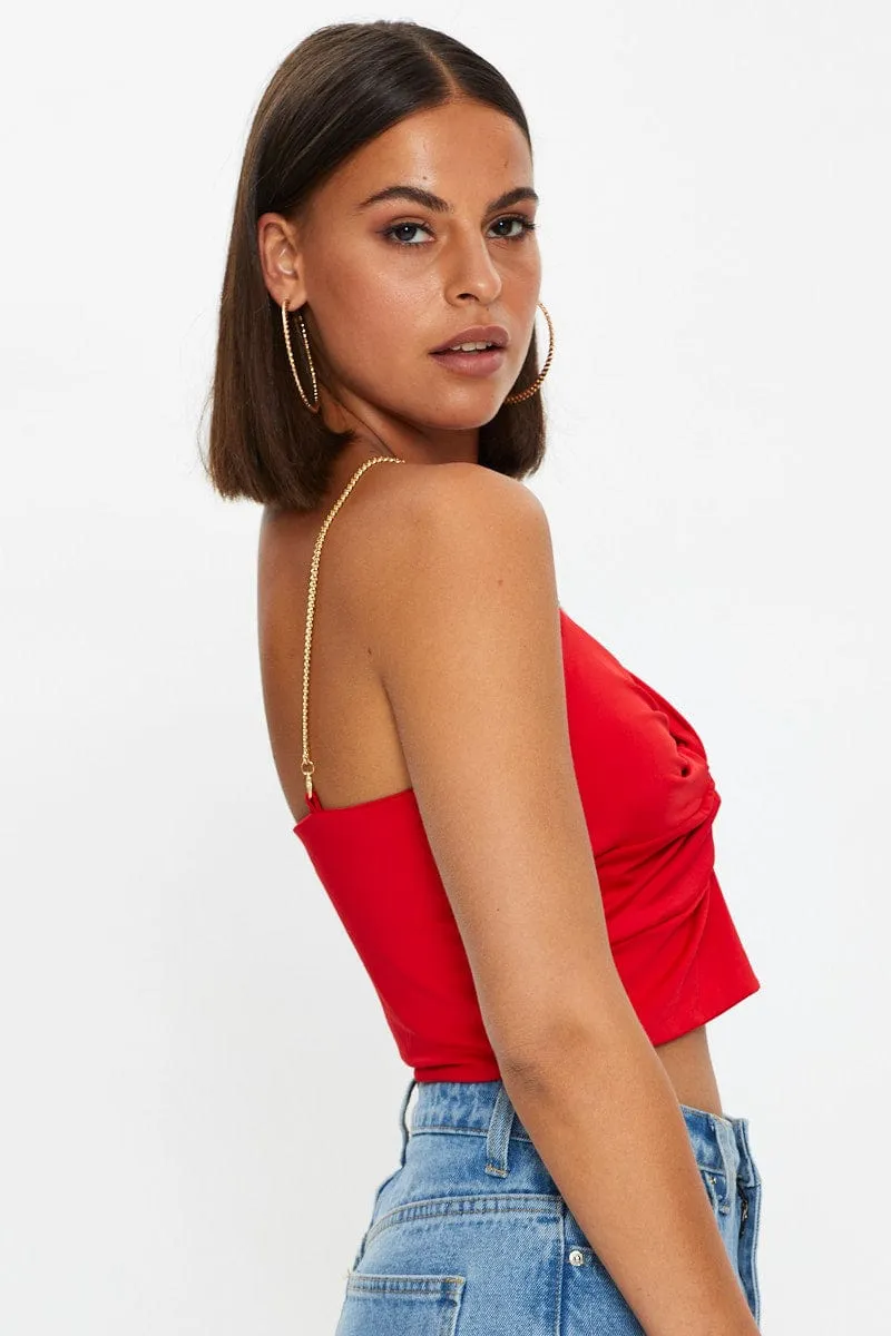 Red Chain Strap Slinky Jersey Knot Front Singlet Top StaticFreeLining