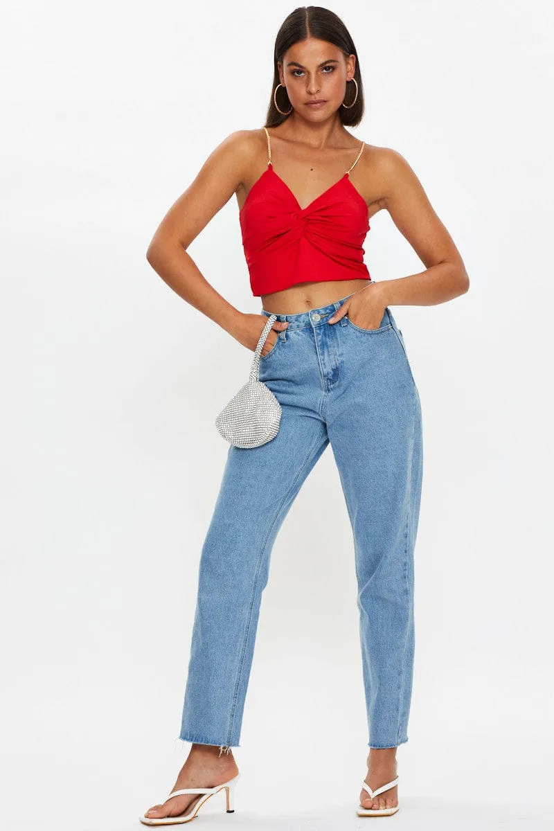 Red Chain Strap Slinky Jersey Knot Front Singlet Top AntiStatic Material China Cool