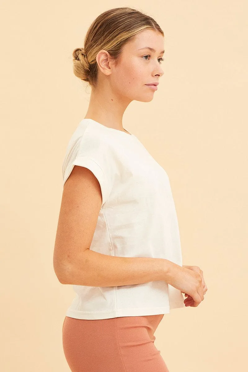White Cropped T-Shirt Crew Neck Roll Sleeve Cotton Easy Layer Sporty Gear