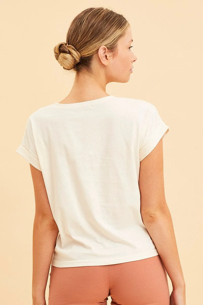 White Cropped T-Shirt Crew Neck Roll Sleeve Cotton Comfy Fashion