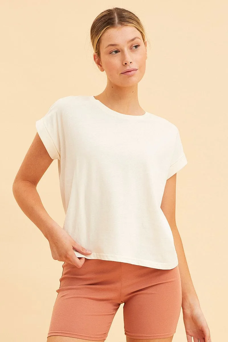 White Cropped T-Shirt Crew Neck Roll Sleeve Cotton UltraSoft Texture
