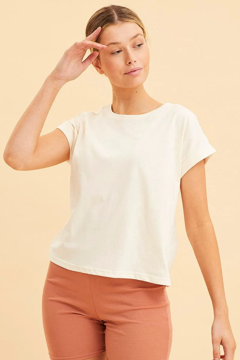 White Cropped T-Shirt Crew Neck Roll Sleeve Cotton VersatileCuff