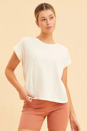 White Cropped T-Shirt Crew Neck Roll Sleeve Cotton UltraSoft Texture