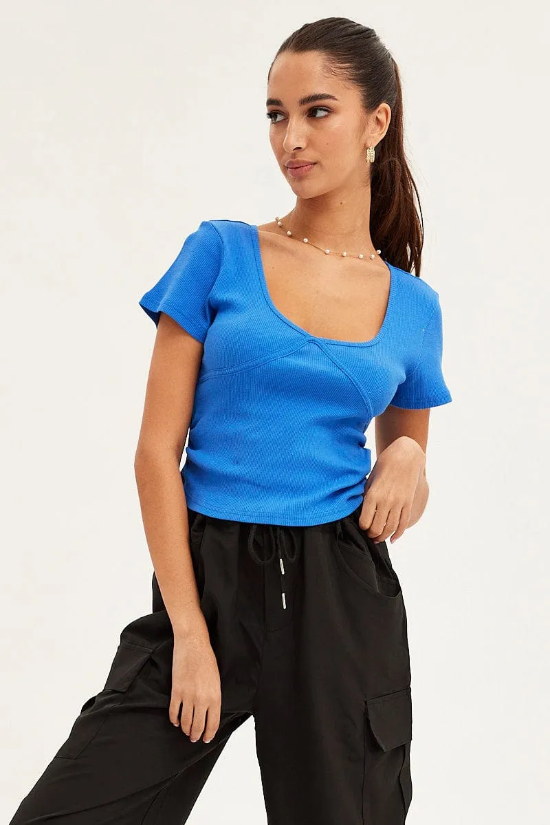 Soft Fabric MinimalistDesign Blue T-Shirt Short Sleeve V Neck