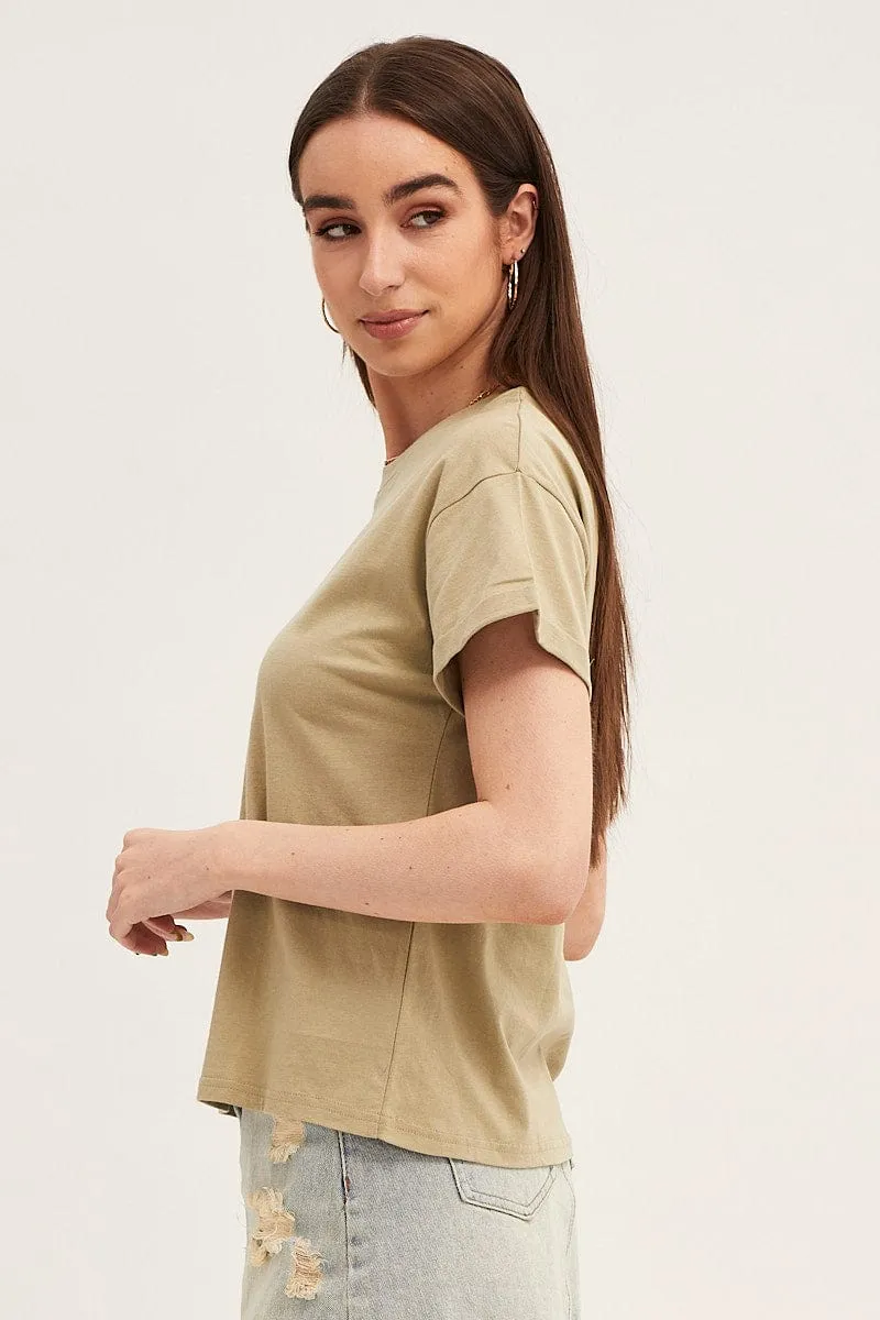 Green Roll Sleeve Crew Neck Tee Couple Look