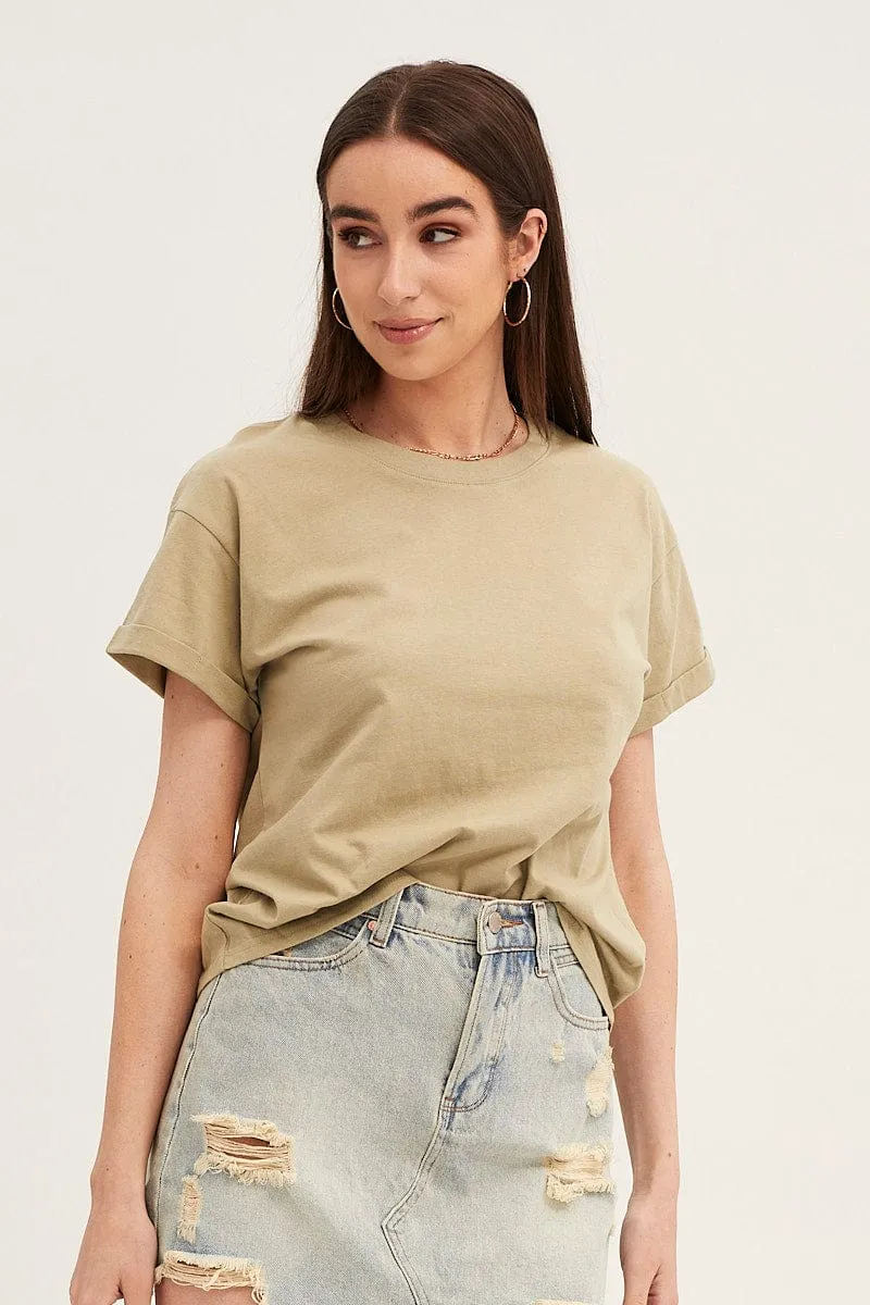 Green Roll Sleeve Crew Neck Tee Office Glam Easy Style