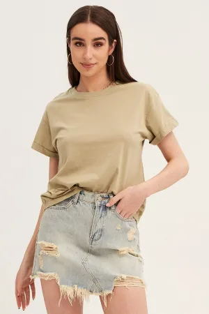 Green Roll Sleeve Crew Neck Tee FlexibleElasticity TaglessLabel