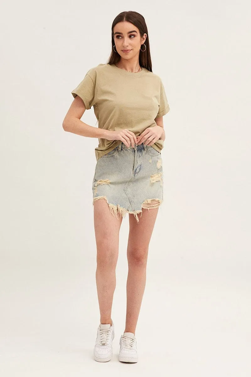 Green Roll Sleeve Crew Neck Tee Summer Skirt