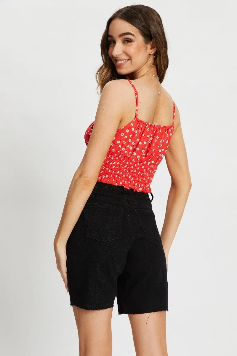 Print Waist Shirred Ruched Singlet Top Train Ease
