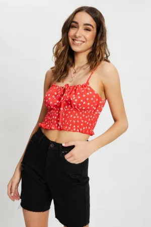 Ventilated Back Panels Print Waist Shirred Ruched Singlet Top