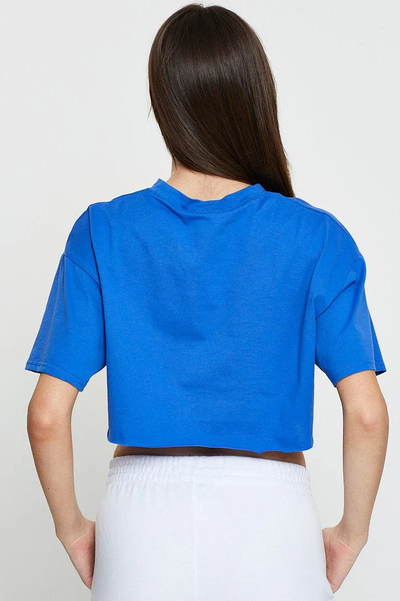 Blue Graphic Crop Top Short Sleeve Casual Comfort Wear Collared formality
