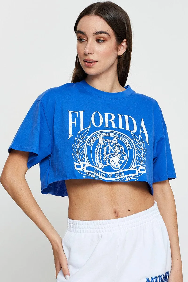 Structured silhouette Blue Graphic Crop Top Short Sleeve