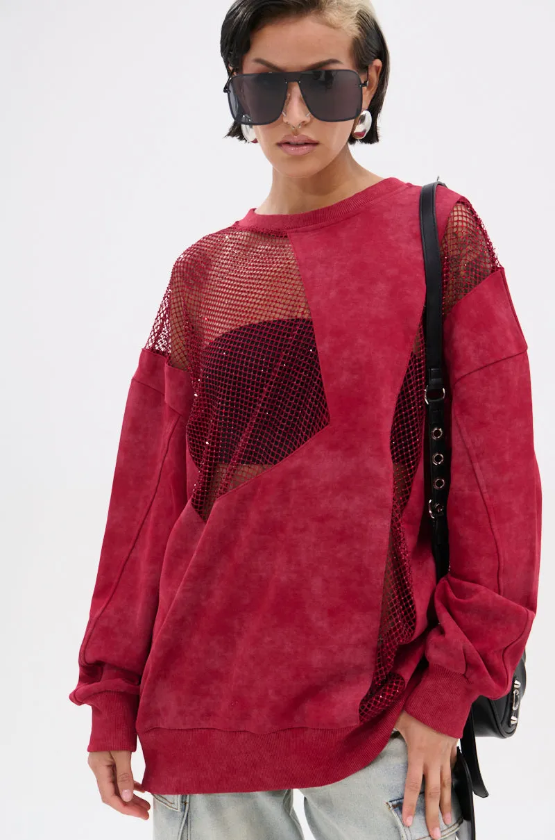 OPEN FOR BUSINESS SWEATSHIRT IN BURGUNDY shiny accents product date night charm