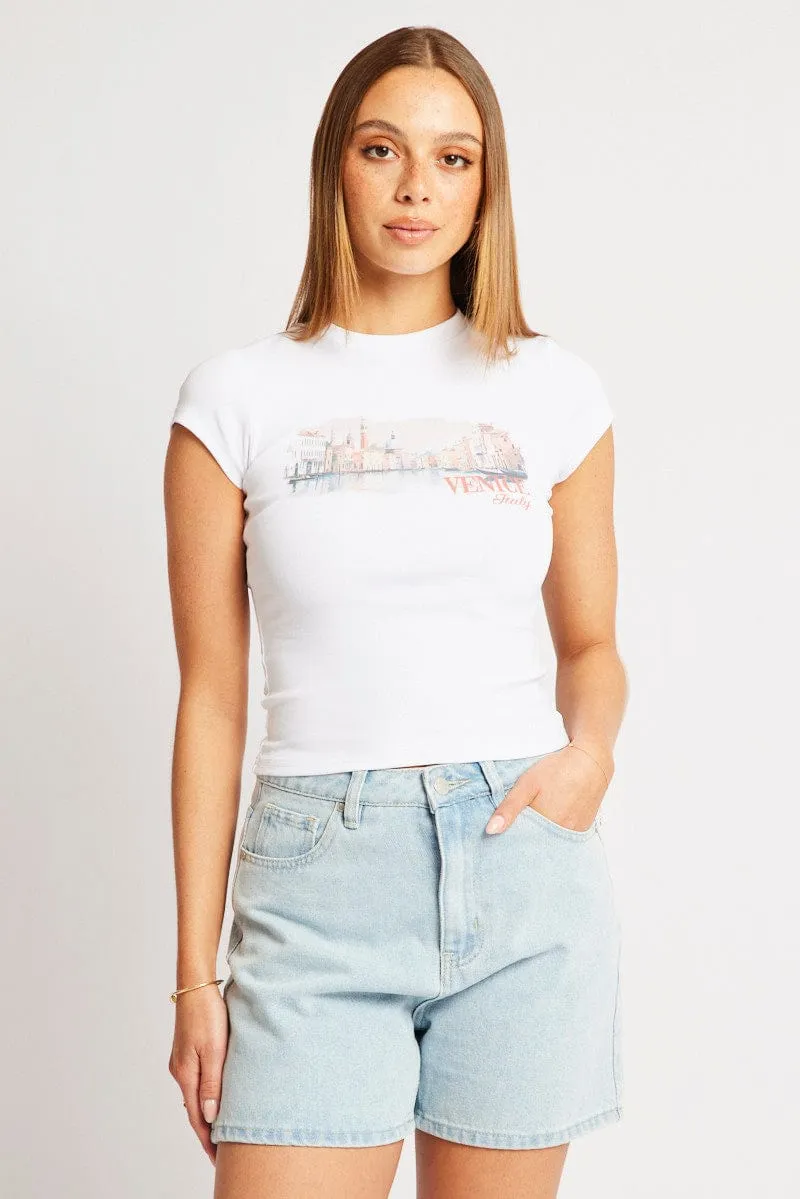 Organic Cotton Blend Ribbed Collar Design White Graphic Tee Short Sleeve