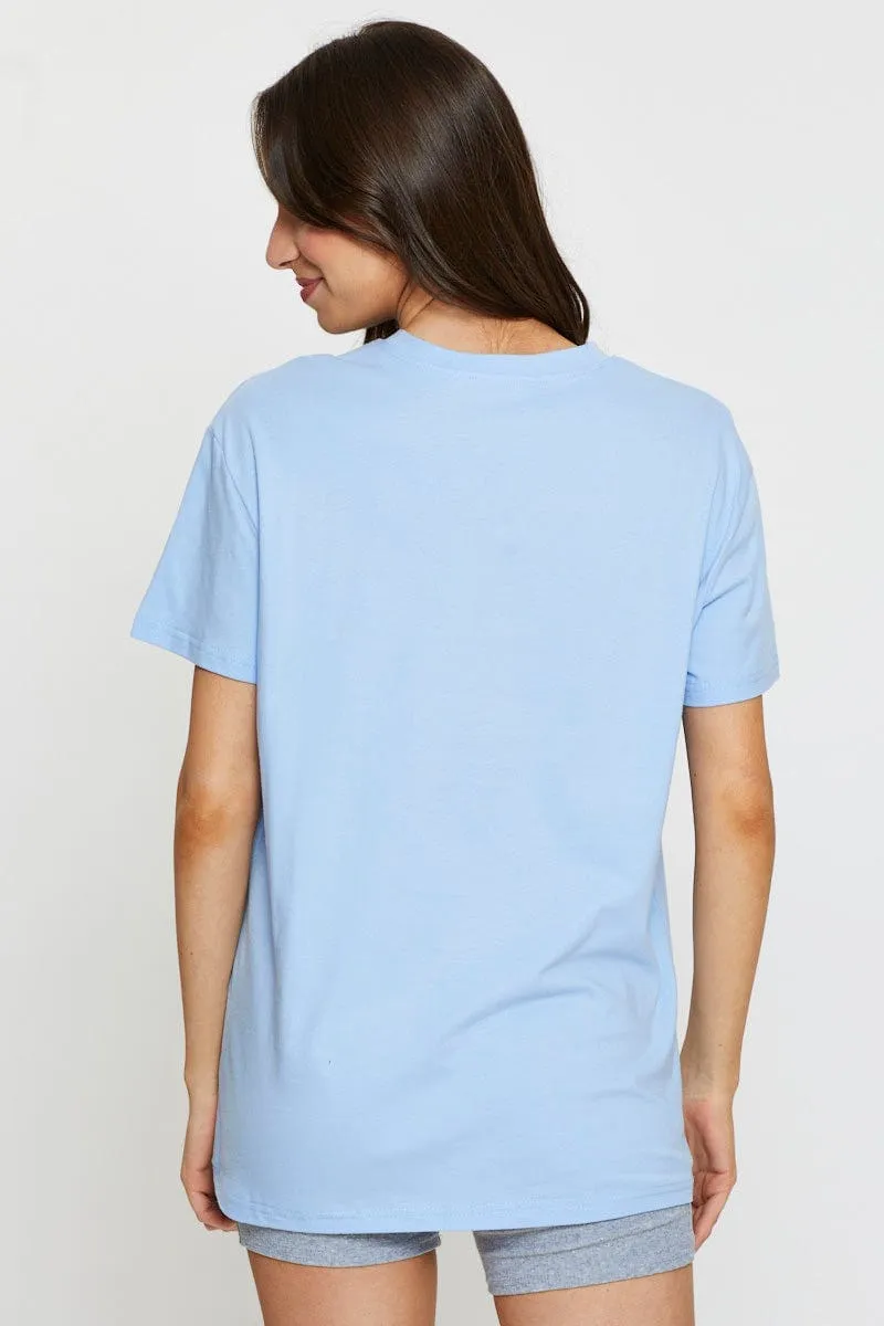 Blue Graphic T-Shirt Short Sleeve Group Mood
