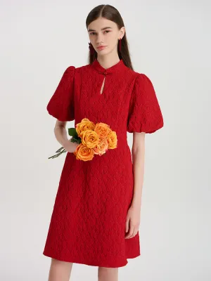 Floral Jacquard Mandarin Collared Women Mini Qipao Dress Slim Profile Edge Glow