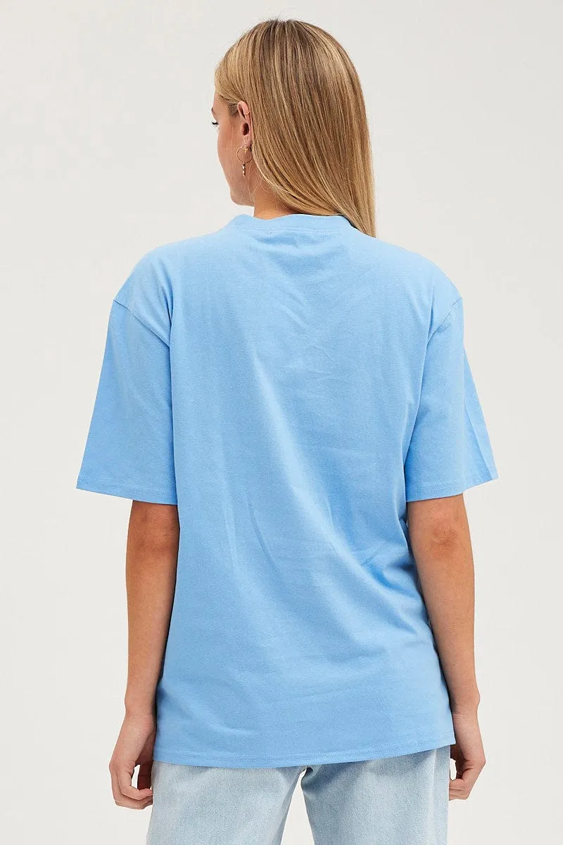 Blue Graphic T-Shirt Oversized Crew Neck harmonious