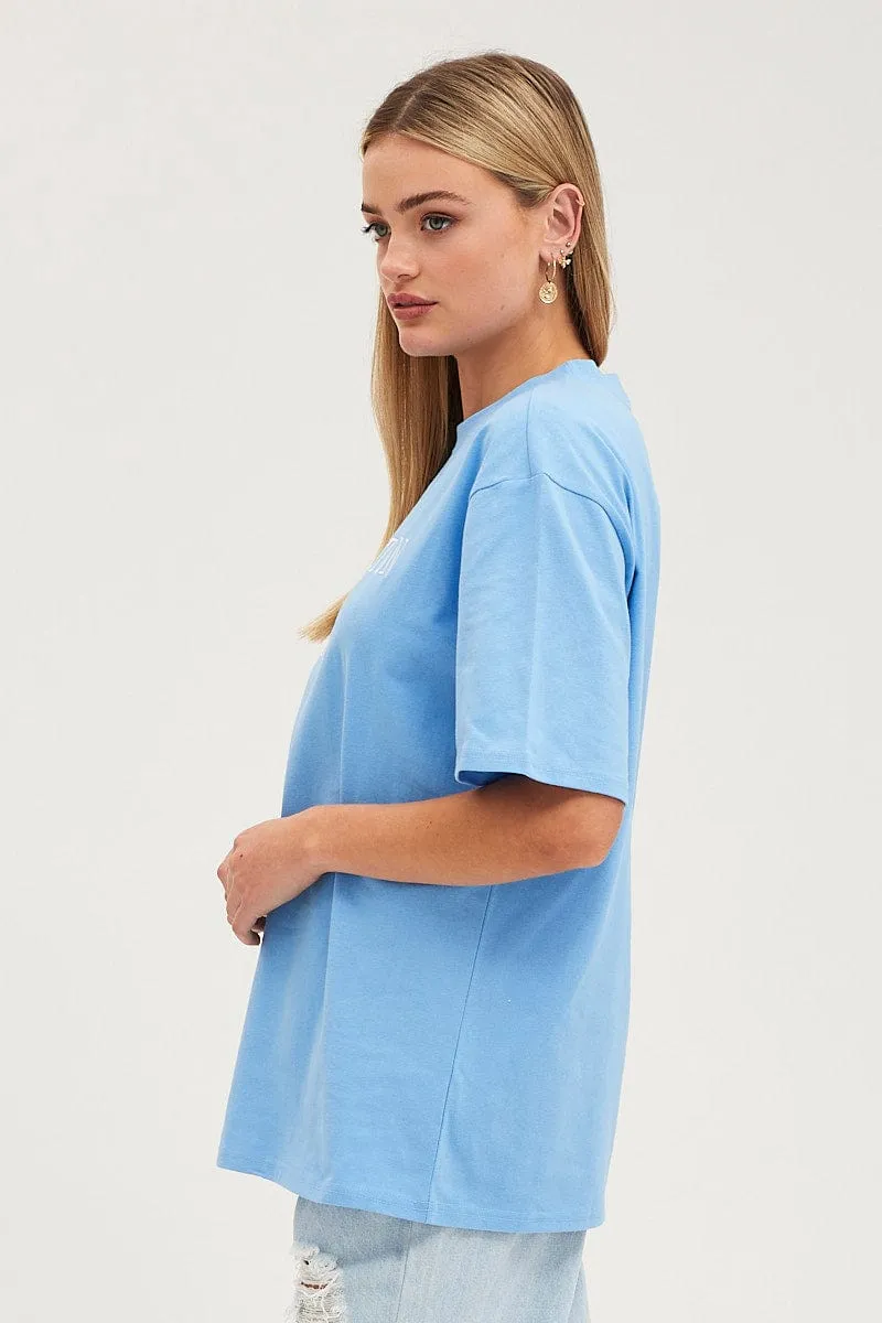 Lightweight Construction Blue Graphic T-Shirt Oversized Crew Neck