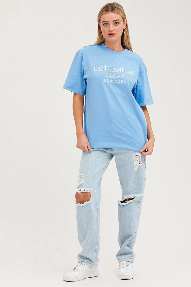 Blue Graphic T-Shirt Oversized Crew Neck On-the-Go Fashion Perfect Layer Wear