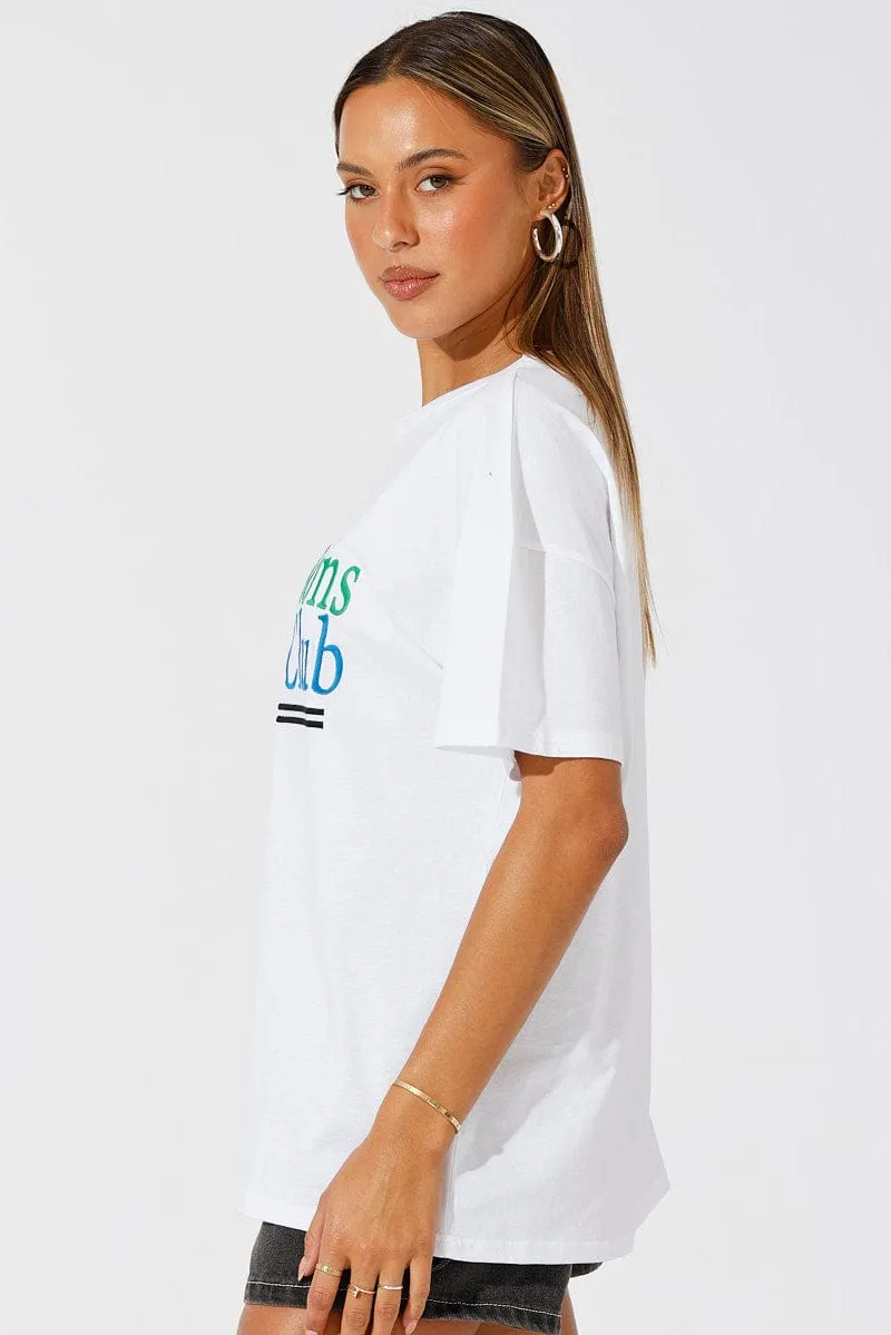 Layered Neckline White Embroidered Tee Wellness Club Graphic T-shirt
