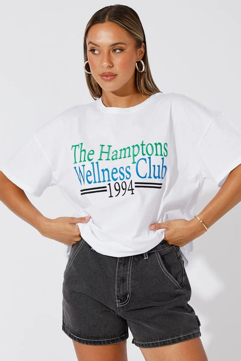 Classic Smart Holiday Outfit White Embroidered Tee Wellness Club Graphic T-shirt