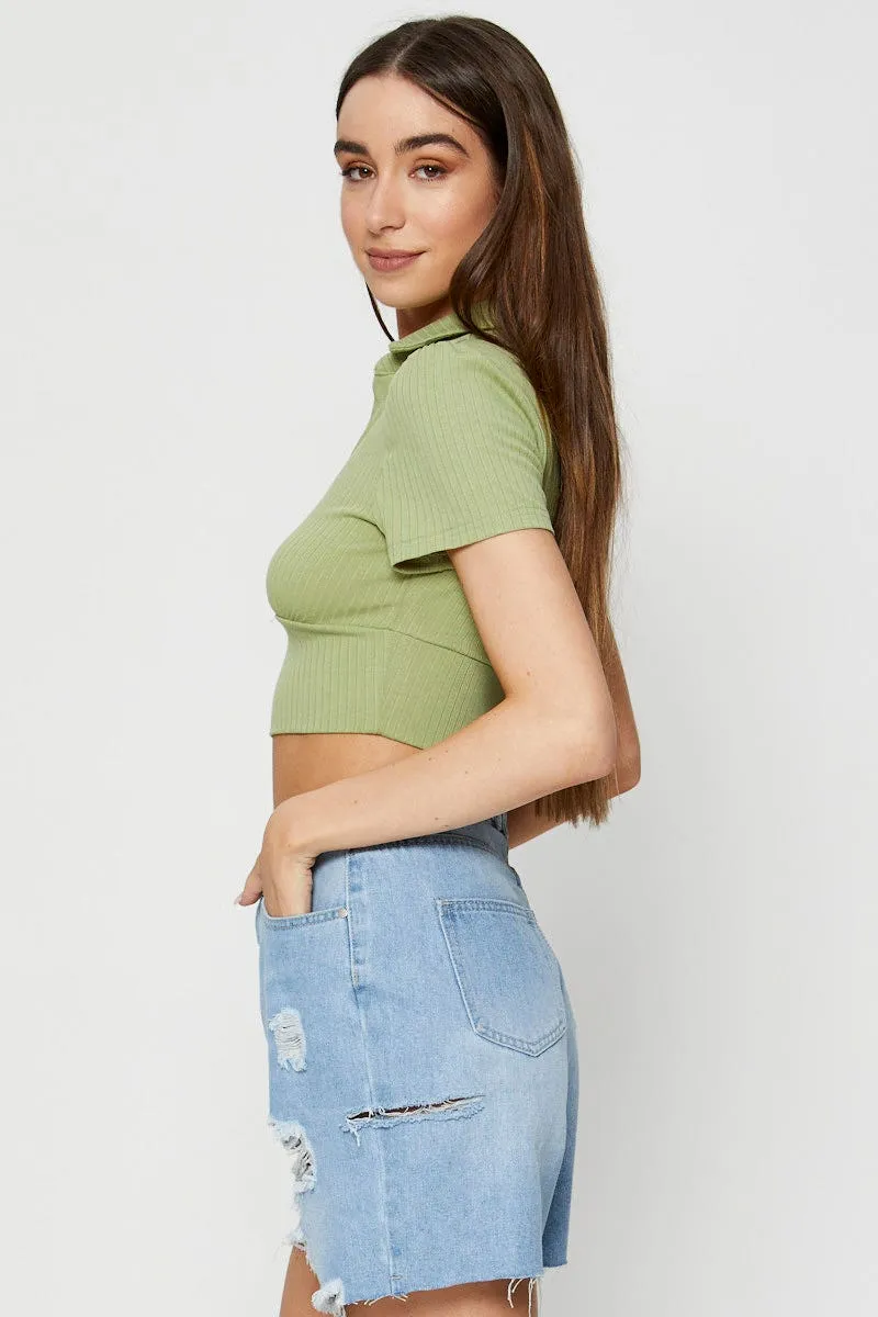 Vintage Style Seamless Sleeve Construction Green Crop T Shirt Short Sleeve Collared