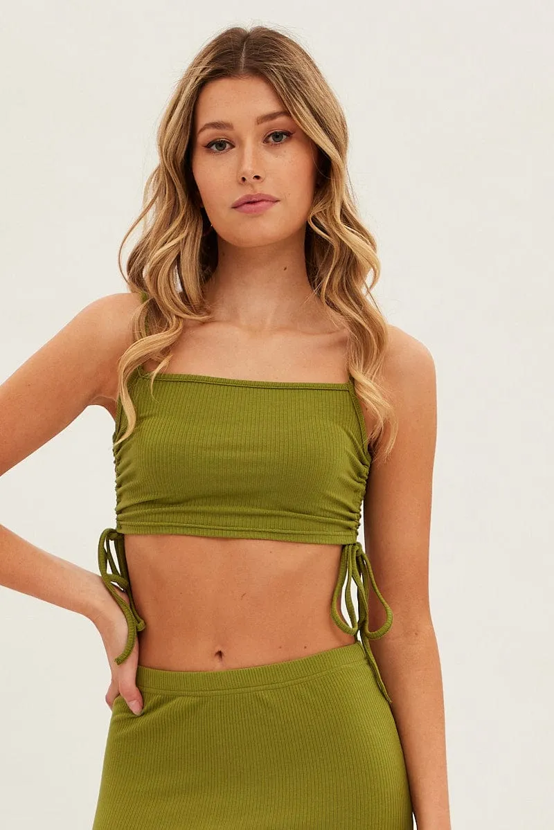 Green Crop Top Drawstring Side Detail Straight Neck MultiFunctional Pockets Functional Wear