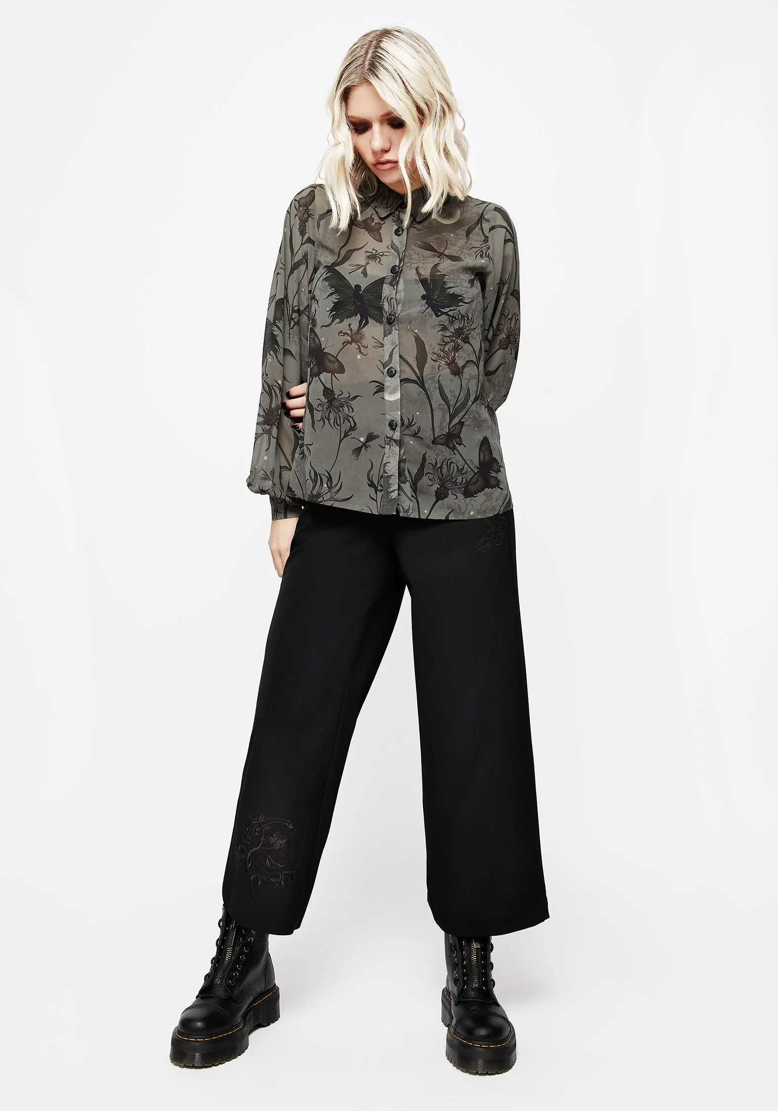 Amalthea Embroidered Tailored Wide Leg Trousers Minimal Edge TearResistantPanels