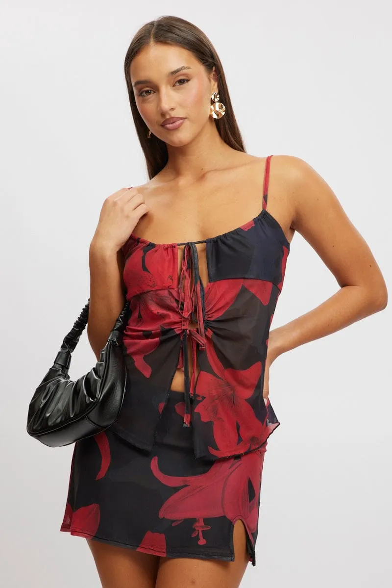 Comfortable clothing Black Floral Singlet Top Tie Up Front